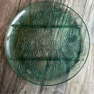 80s Vintage INDIANA TIARA GLASS Green Ponderosa Pine Divided Serving Tray Plate